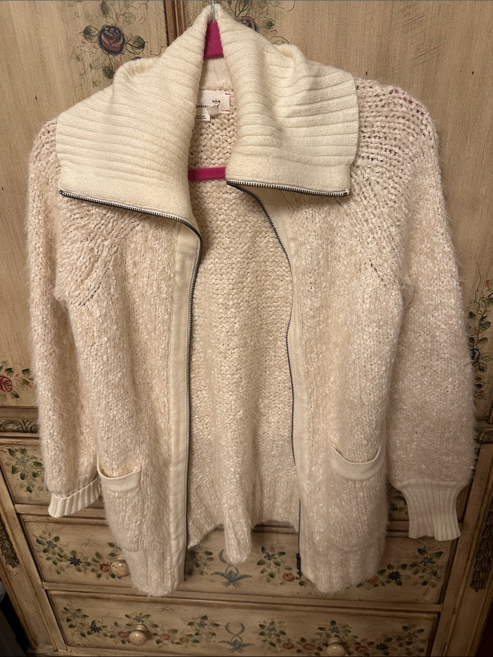 Anthropologie Cream Zip-Up Knit Cardigan